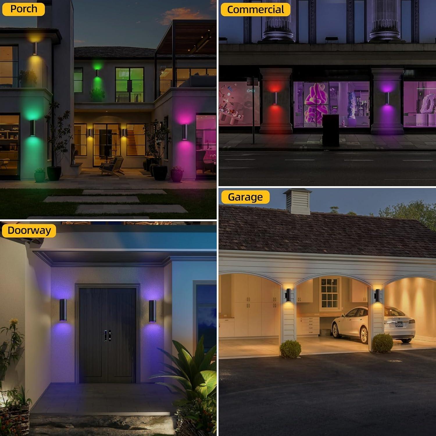 Modern RGB Outdoor Light, 2700K-6500K Ambience Outdoor Wall Sconce Color Changing, Wifi App Control Up Down Lights, Smart Exterior Wall Light For House Porch, Works With Alexa Google Assistant