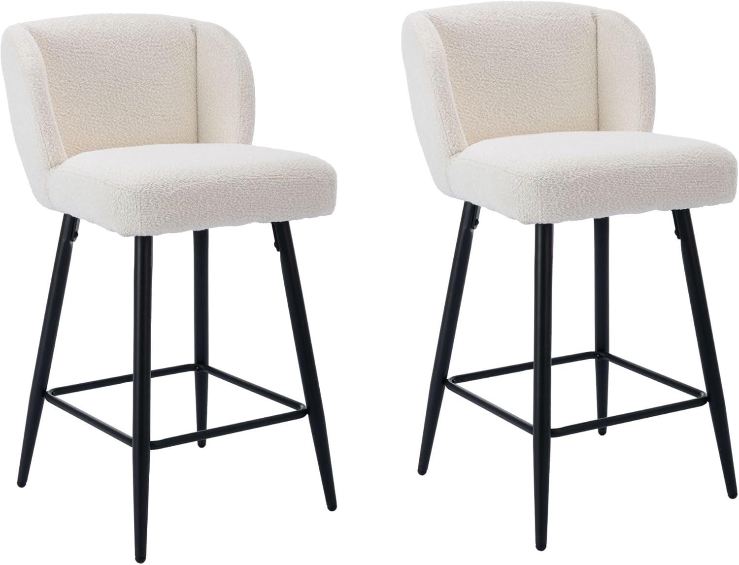 Modern Counter Height Bar Stools Set of 2, 26 Inch Faux Sherpa Upholstered Bar Stools with Back, 18" Seat Wide Island Stools with Black Metal Frame for Kitchen Counter/Breakfast Bar/Restaurant, White