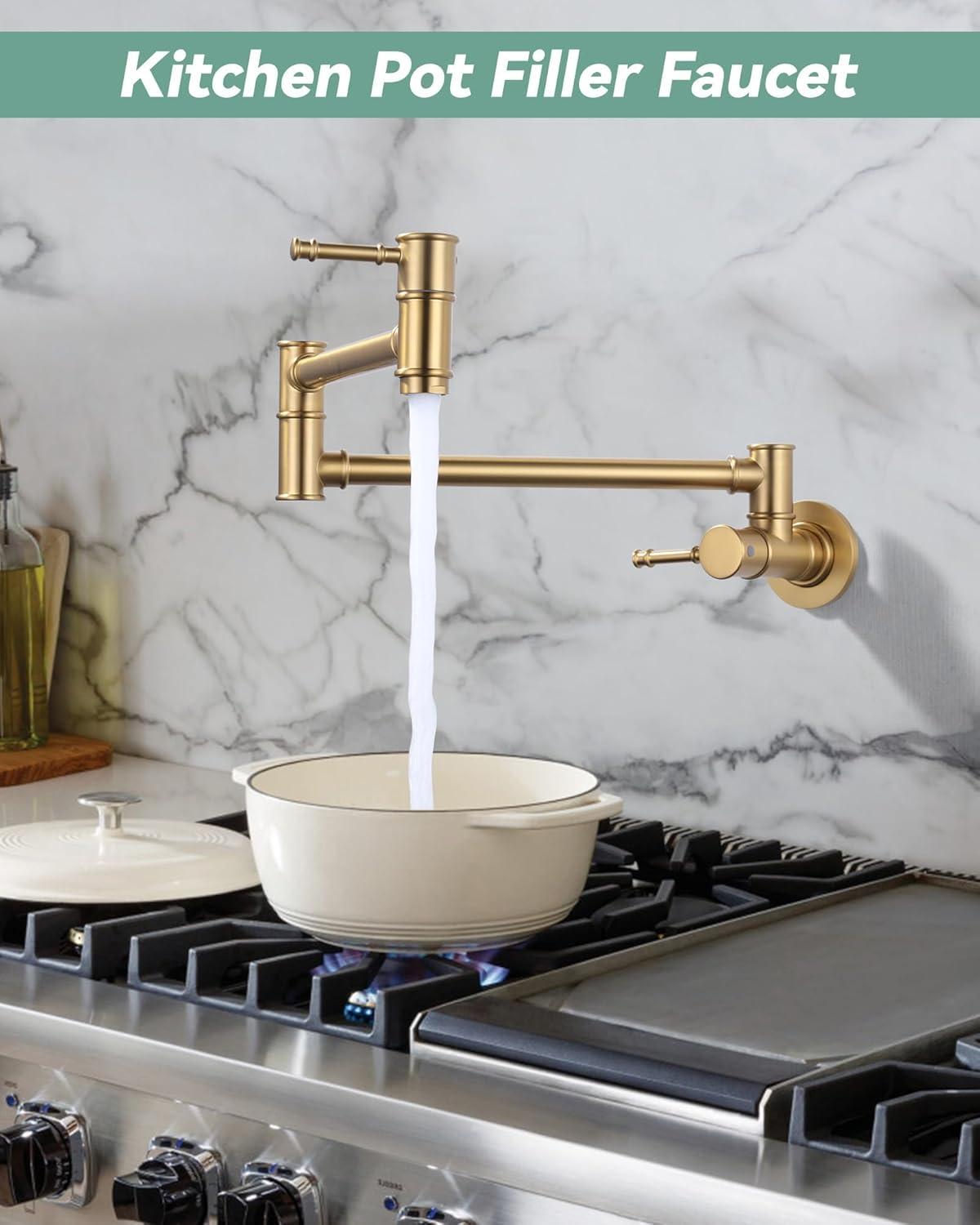 Brushed Gold Wall Mount Double Handle Pot Filler Faucet