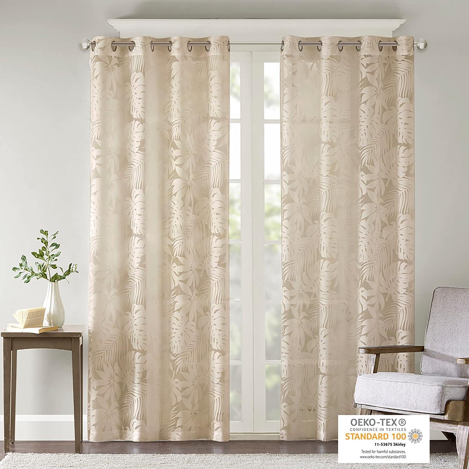 Natural Beige Palm Leaf Sheer Grommet Curtain Panel