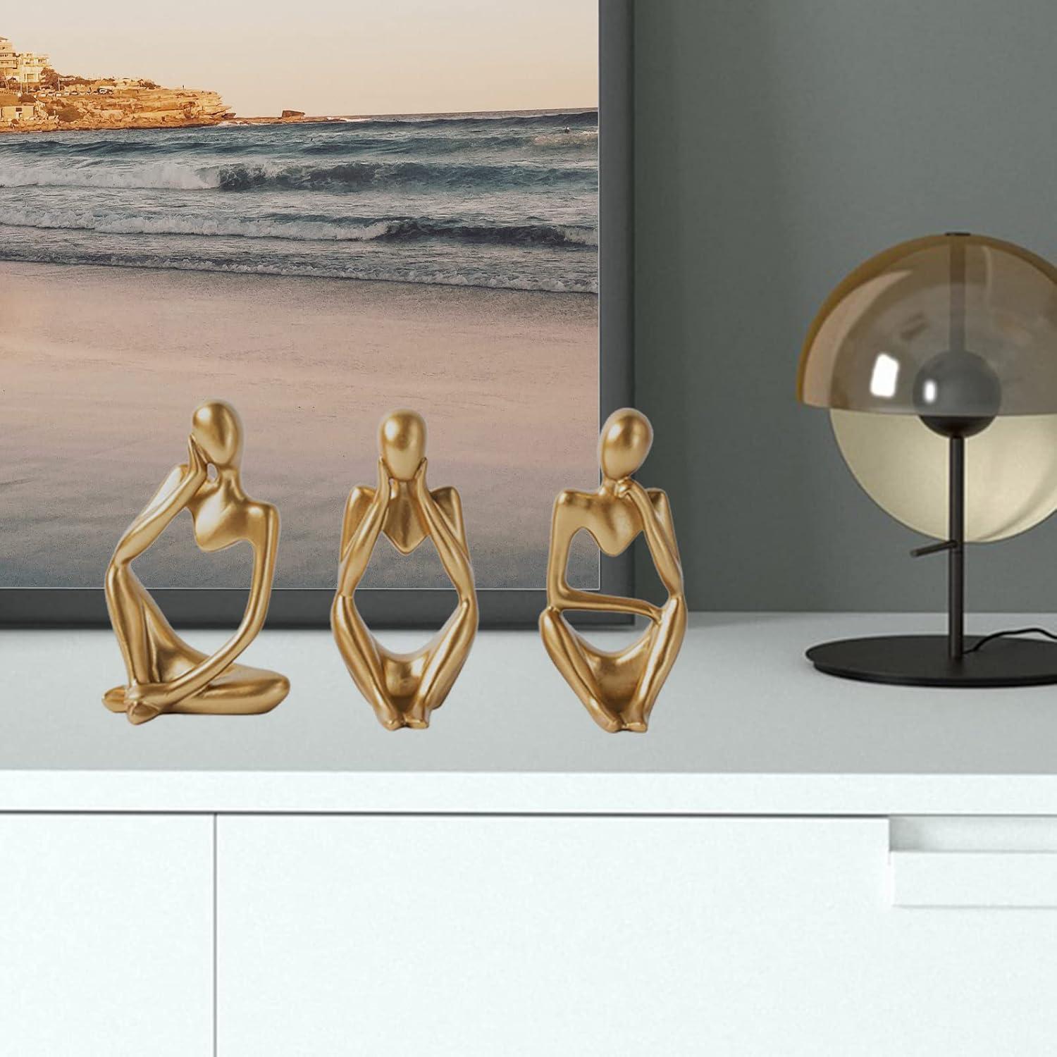 3pcs Modern Abstract Statues Sculpture,Resin Artistic Thinker Figure Thinking Man Figurines Desktop Decorations Artist Crafts for Home Office Shelf Bookshelf Decor,Gold