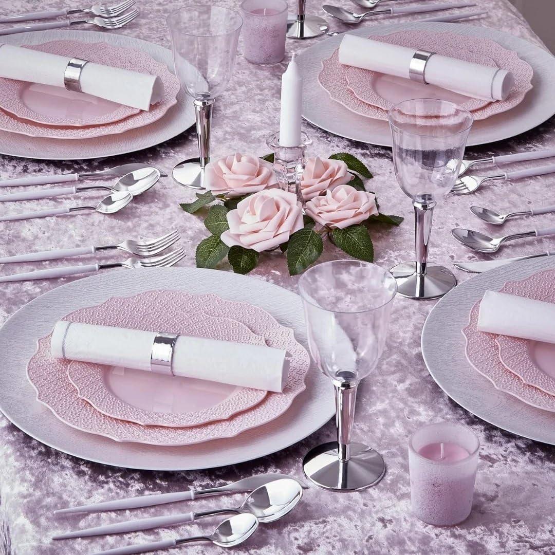 Fancy Disposable Dinner Plates (10 PC) Heavy Duty Plastic Plates, Rose Gold Party Supplies for Baby Showers, Weddings, Parties & Events, Pink Plates with Silver Embossed Rim - 10.25" - Harmony