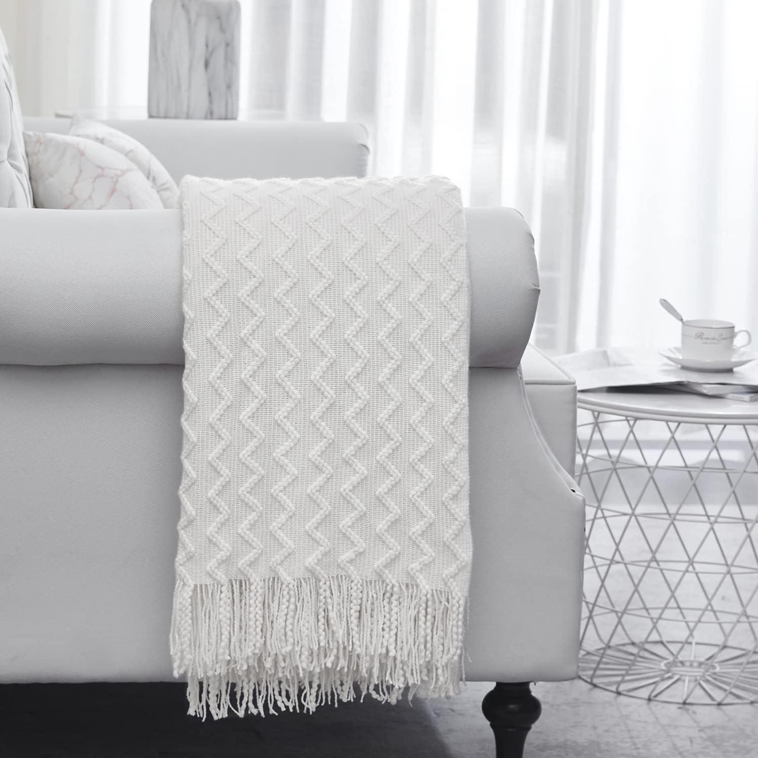 White Knitted Acrylic Throw Blanket with Fringe, 50" x 60"