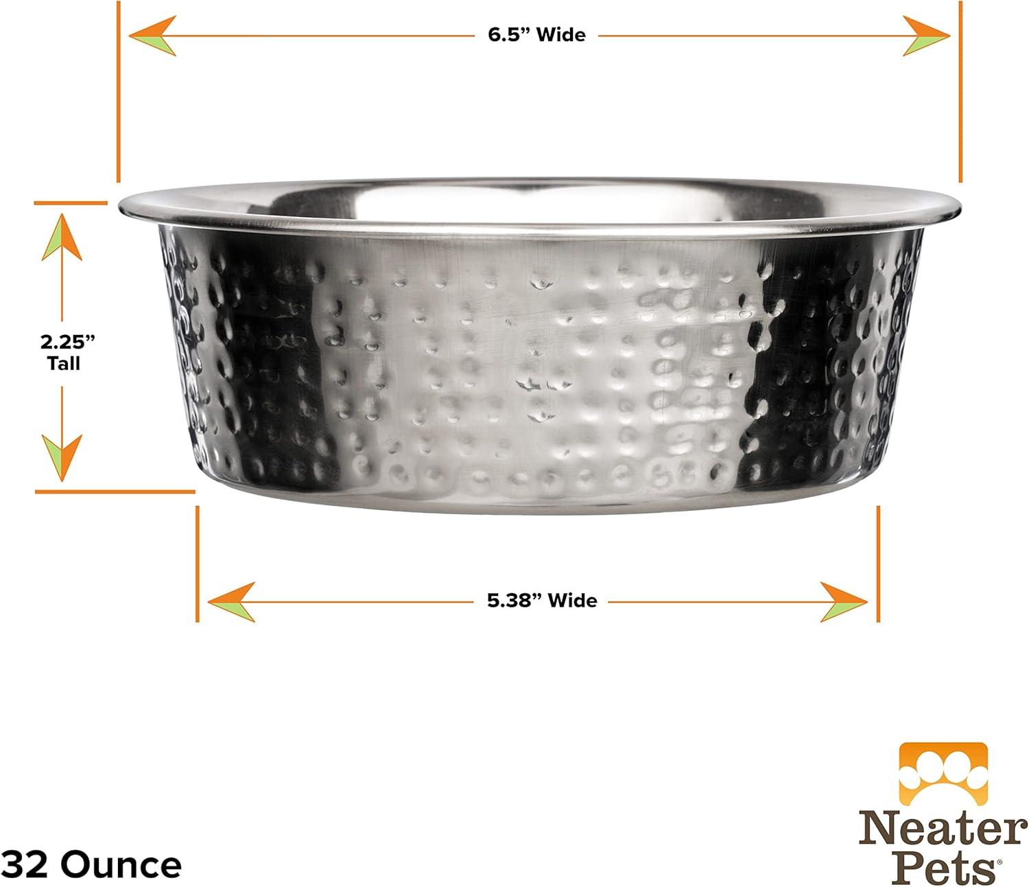 Hammered Stainless Steel Pet Bowl - Decorative & Stylish Dog Food or Water Bowl, 32 oz.