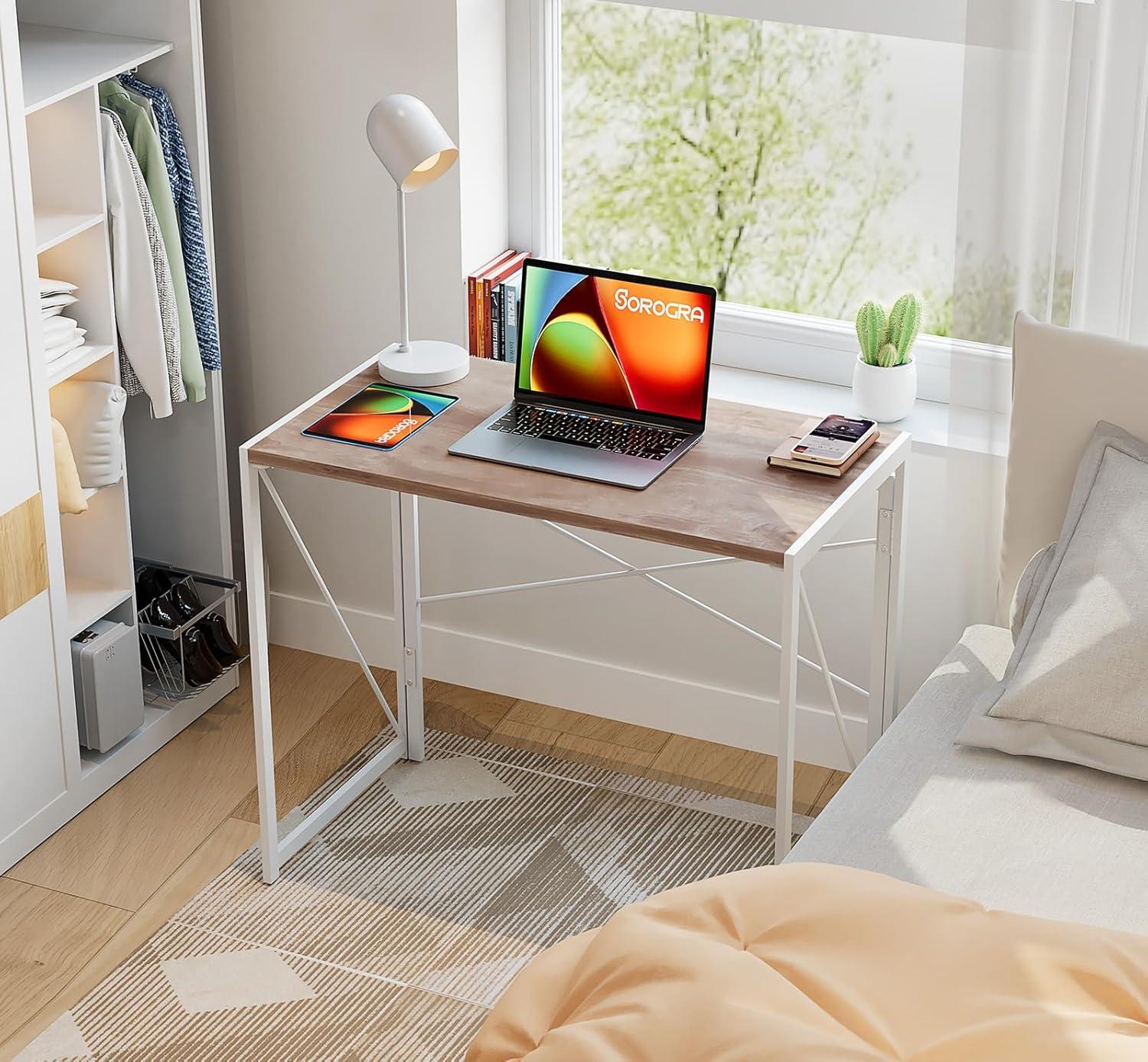 Coavas Folding Desk 31.5 inch Foldable Small Portable Computer Desks, Spaces Saving Writing Sturdy Table for Bedroom, Home Office, Dorm, Apartment, Pre Assembled, Oak