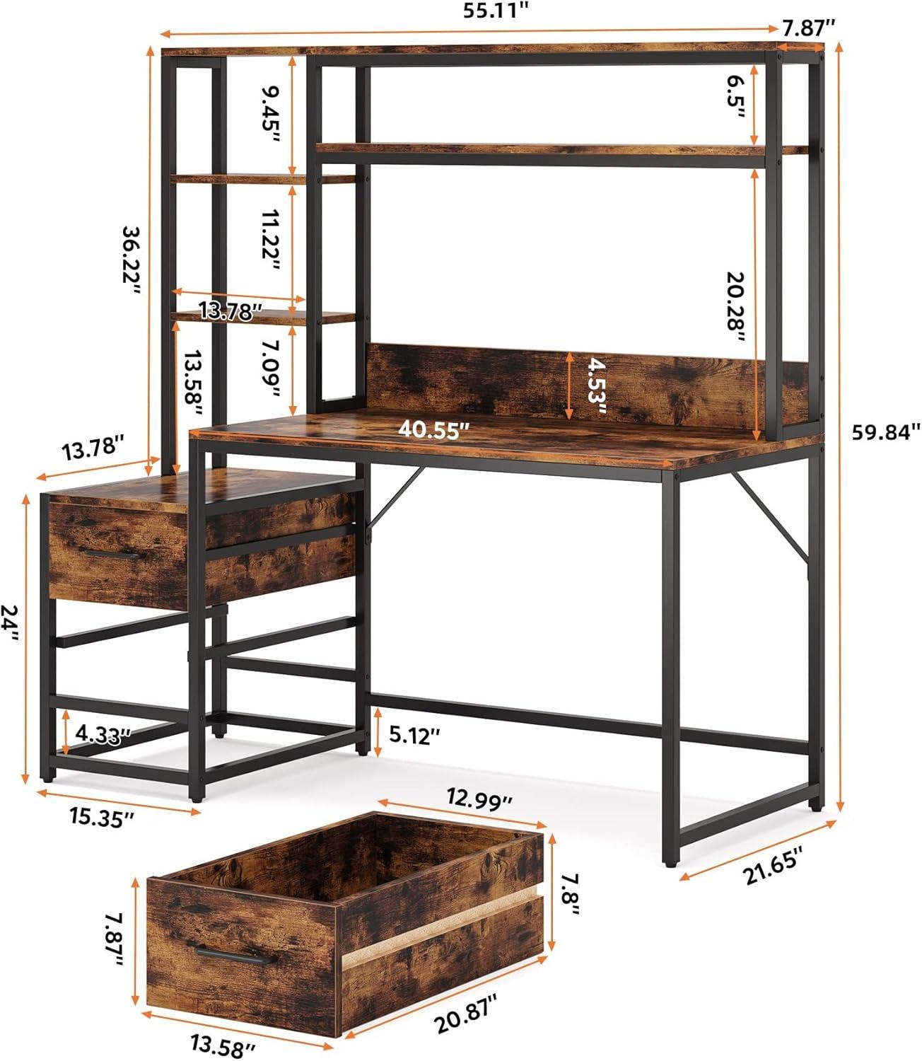 55 Inch Computer Desk with 2 Drawers and Storage Shelves, Rustic Office Desk with Hutch, Study Writing Gaming Table Laptop Workstation for Home Office (Brown)