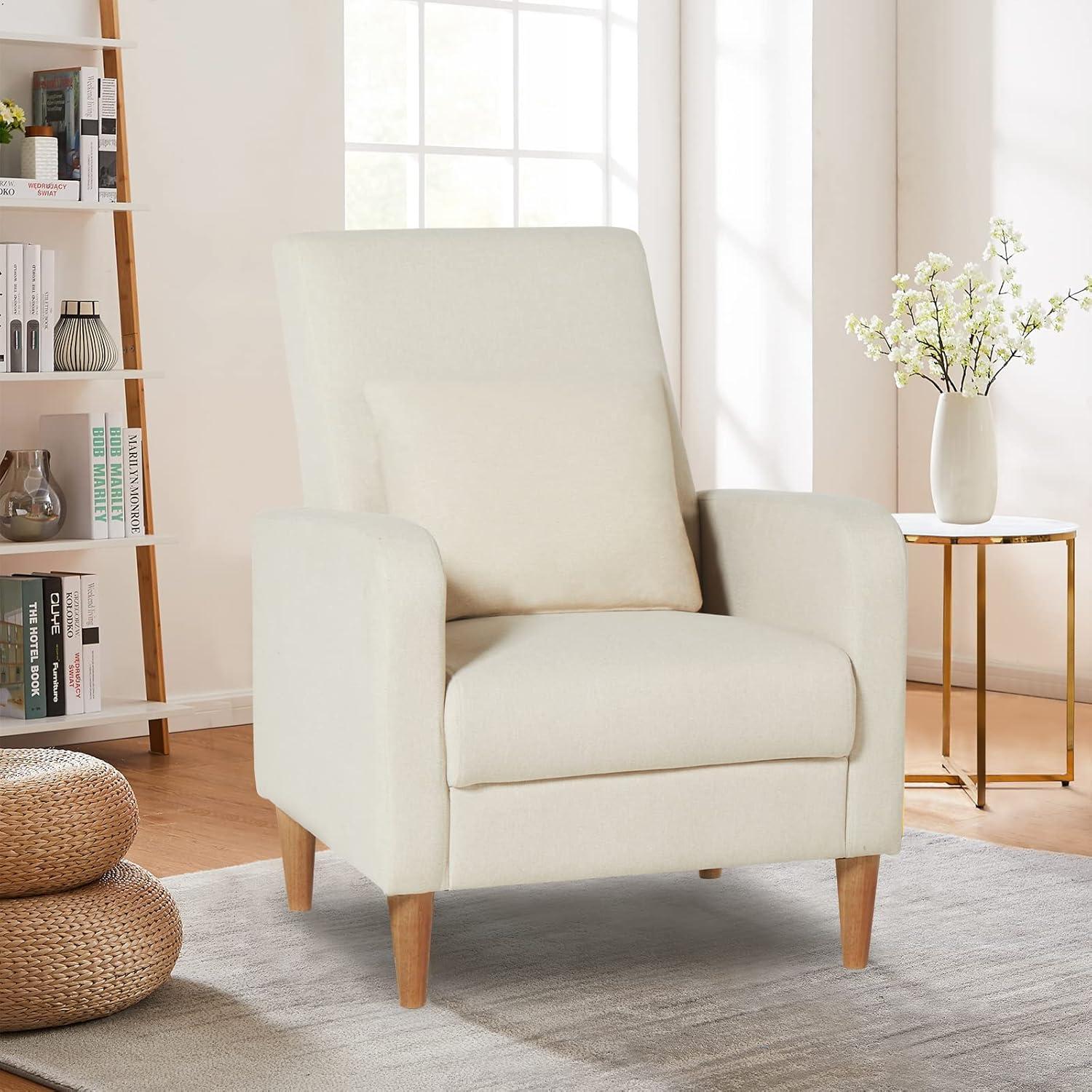 Beige Upholstered Accent Chair with Pillow and Wood Legs