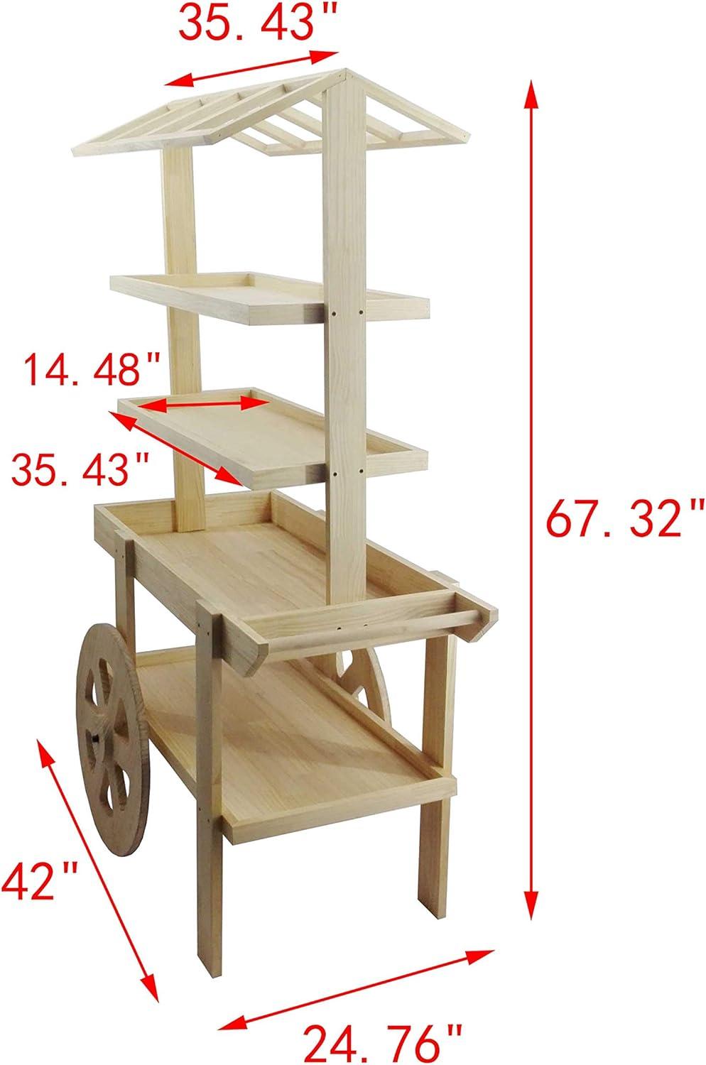 FixtureDisplays Flower Cart Vending Cart Farmers Market County Fair Wagon Wood Stall Stand Rolling Shelf Retail