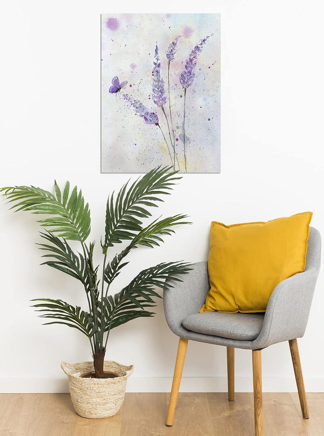 HVEST Lavender Canvas Wall Art Butterfly with Purple Flower Artwork Elegant Paintings for Living Room Bedroom Bathroom Wall Decor,Stretched and Framed Ready to Hang,12x16 inches