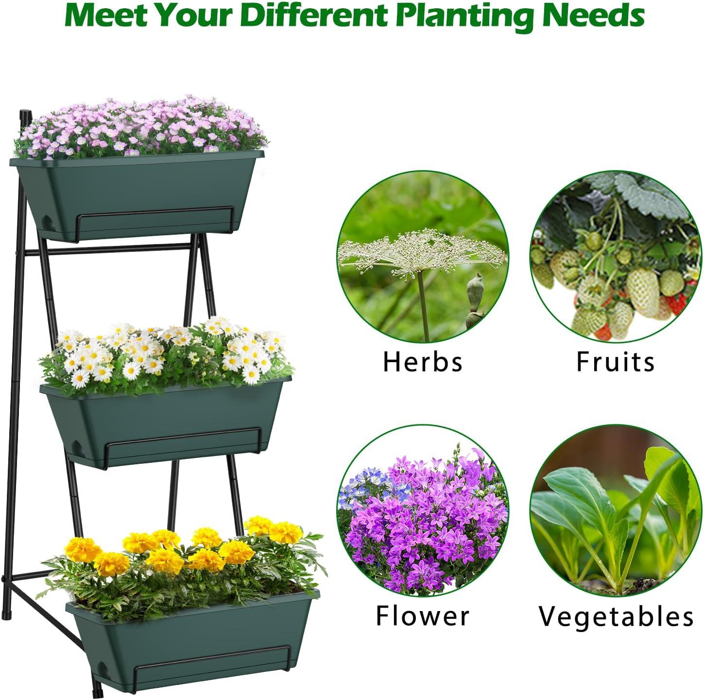 Raised Garden Bed 3 Tier Vertical Garden Planter Standing Garden Bed Planter Box Outdoor Herb Planter with Drainage Holes Removable Tray for Patio Balcony Porch Green C49