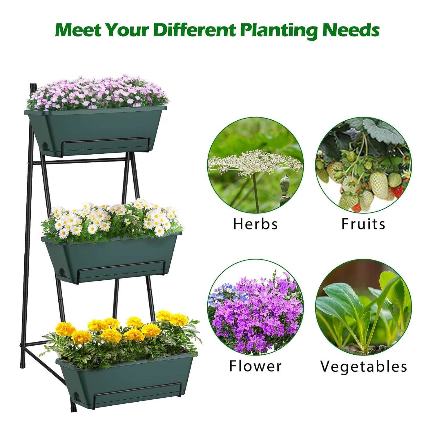 Raised Garden Bed 3 Tier Vertical Garden Planter Standing Garden Bed Planter Box Outdoor Herb Planter with Drainage Holes Removable Tray for Patio Balcony Porch Green C49