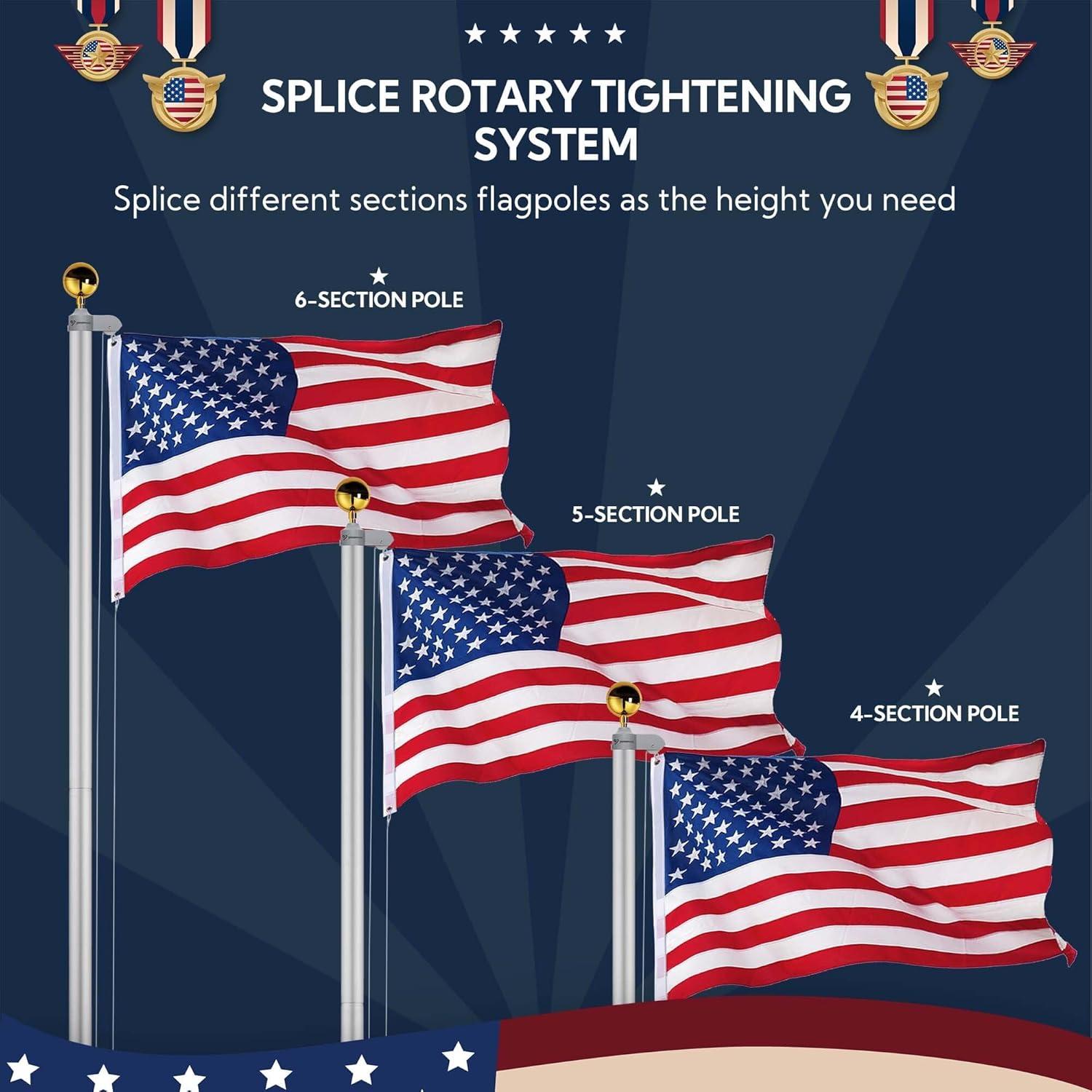 Yescom Bravery 25ft 13 Gauge Thicken Sectional Flag Pole Kit for Outside House with USA Flag Top Sliver Silver