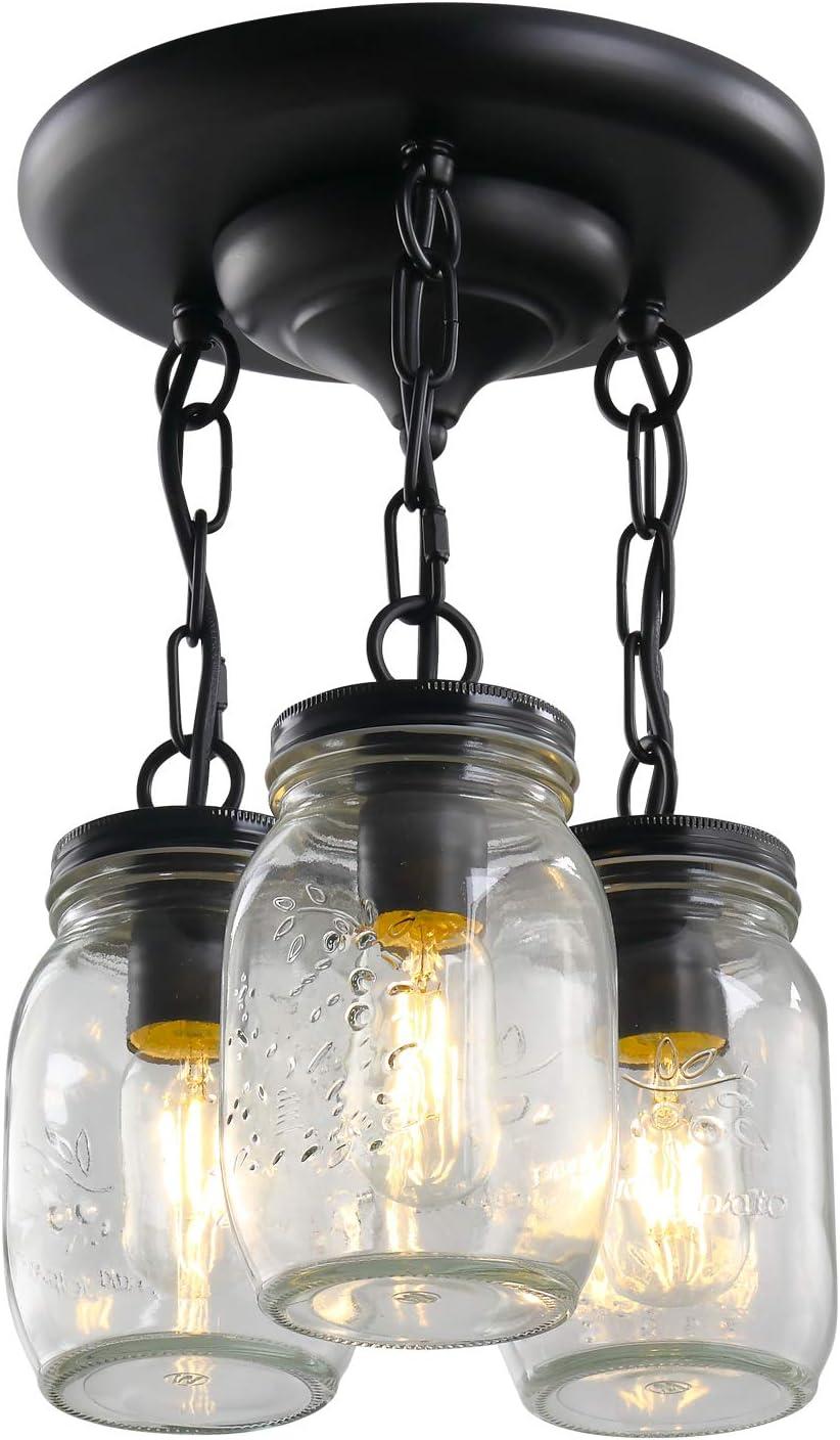 Black Pendant Lights, 3-Light Clear Glass Pendant Lights Kitchen Island, Mason Jar Light Fixtures, Farmhouse Mason Jar Pendant Lighting for Kitchen Dining Room Bedroom Hallway Entryway
