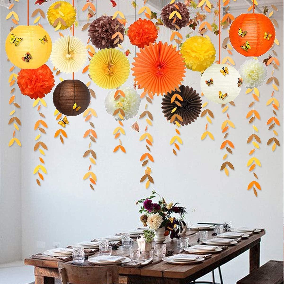 Orange Party Decorations Kit Yellow Orange Brown Paper Hanging Fans Lanterns Flowers Pom Pom with 3D Butterfly Leaves Garland for Wedding Bridal Shower Birthday Fall Autumn Thanksgiving Party Supplies