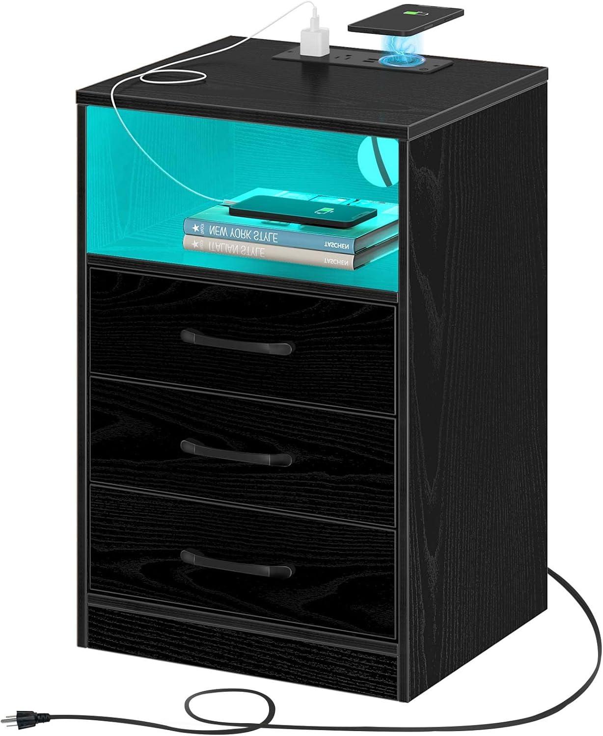 Black Particleboard Nightstand with LED Lights and Charging Station