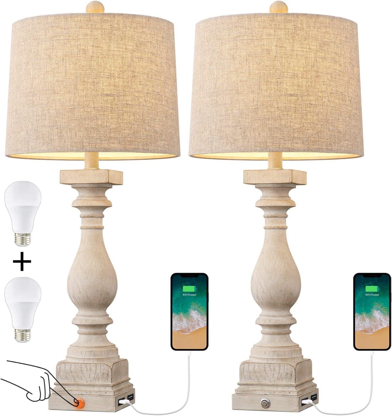 27" Farmhouse 3-Way Dimmable Touch Control Table Lamp Set of 2 with USB A &USB C Charging Ports for Bedroom Living Room Vintage Rustic Traditional Nightstand Bedside Lamps (2 Bulbs Included)