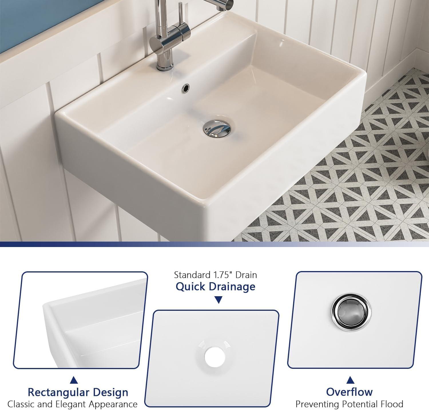 23'' x 18'' White Rectangular Vitreous China Wall Mount Bathroom Sink with Overflow