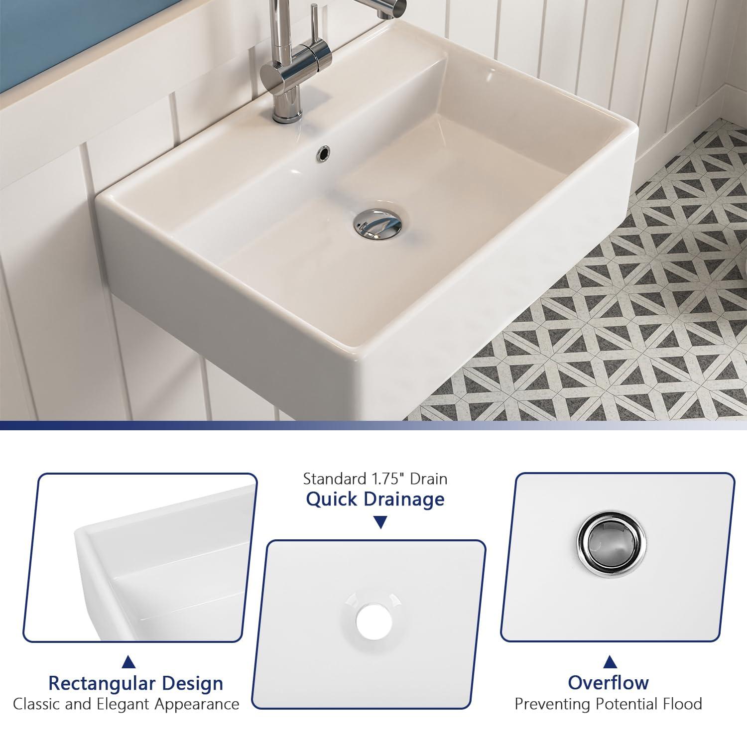 23'' x 18'' White Rectangular Vitreous China Wall Mount Bathroom Sink with Overflow