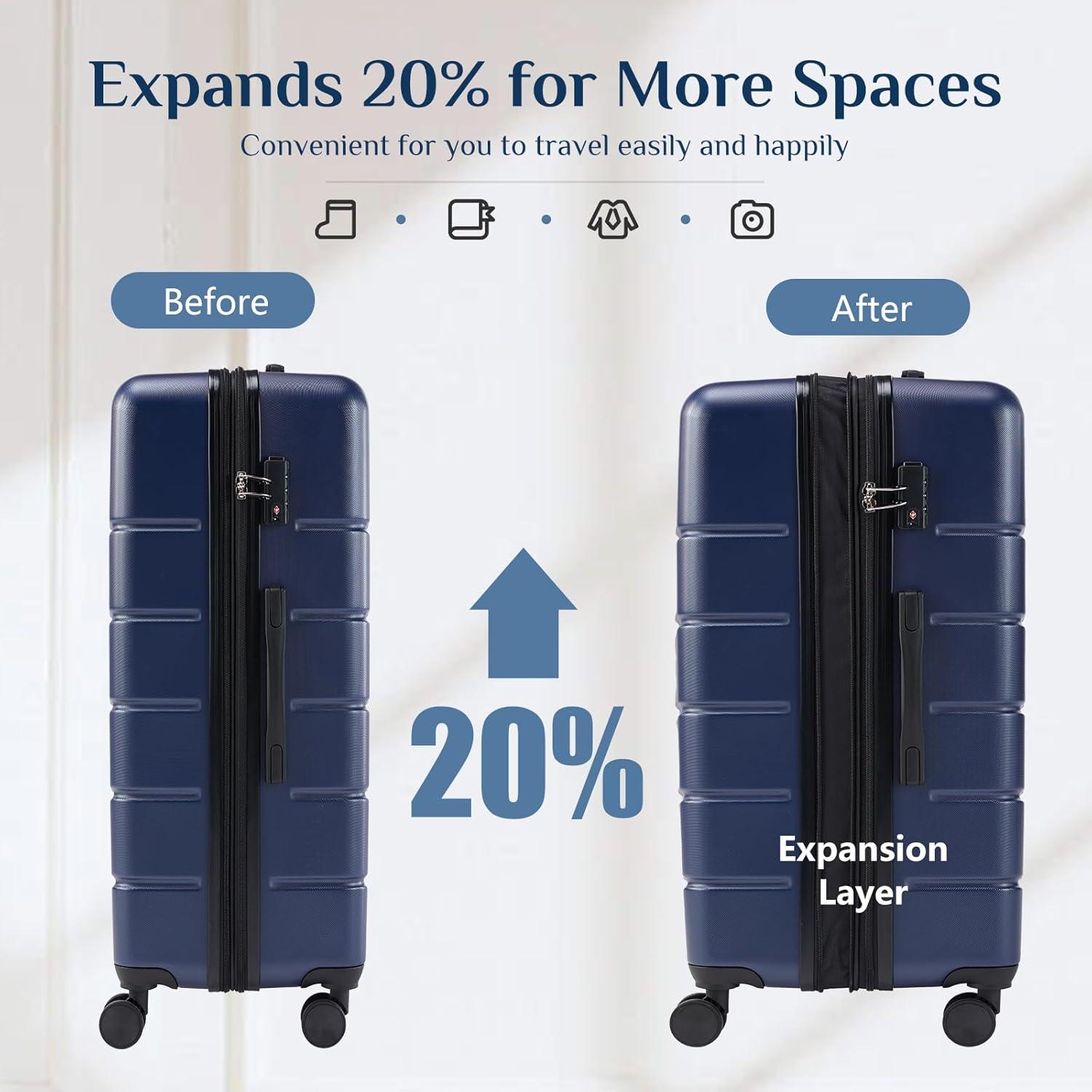 20-Inch Hardside Luggage with 4 Double Spinner Wheels, Expandable and TSA Lock, Hard Shell Lightweight Roller Suitcase, Blue