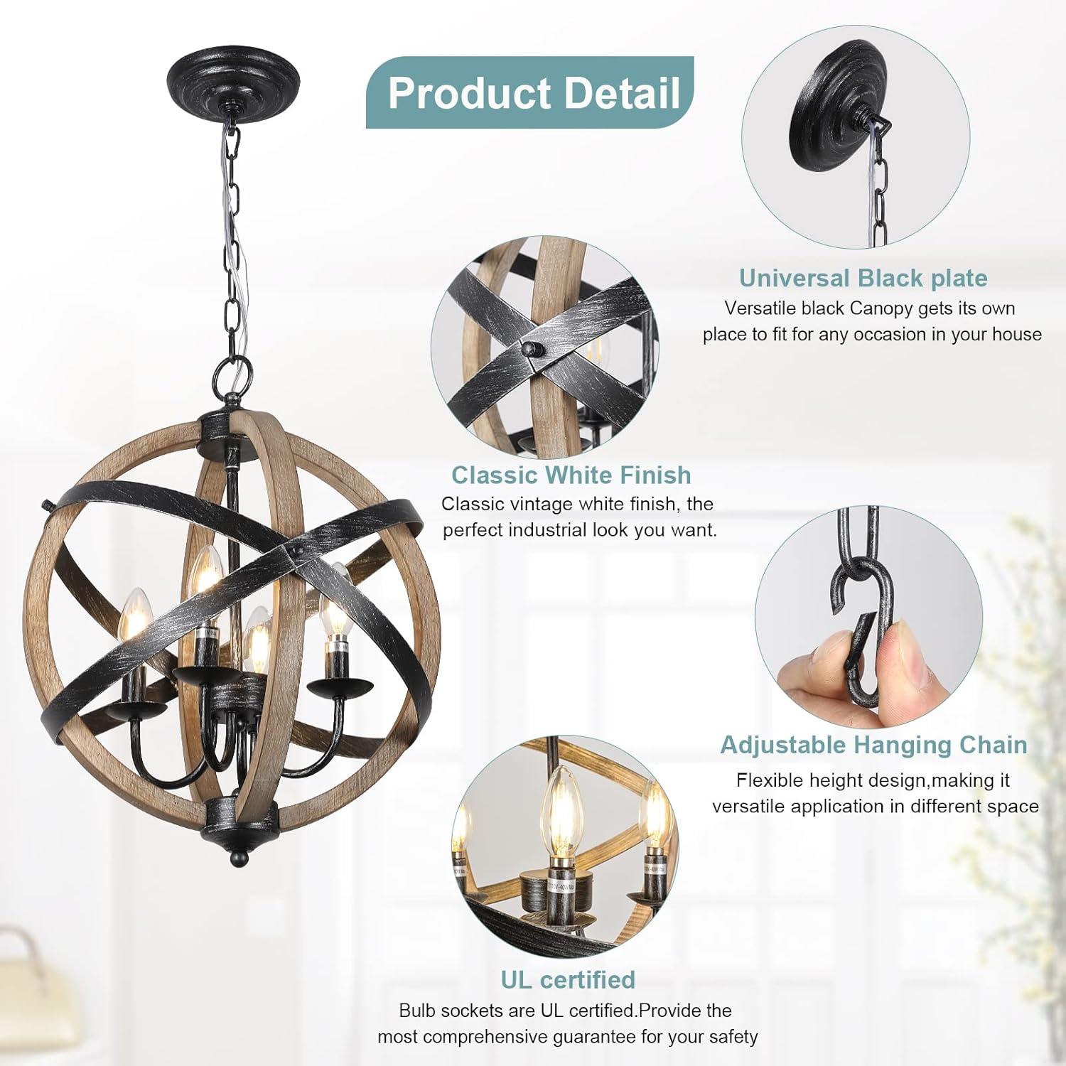 Retro Farmhouse Sphere Chandelier with Adjustable Chain, White and Black