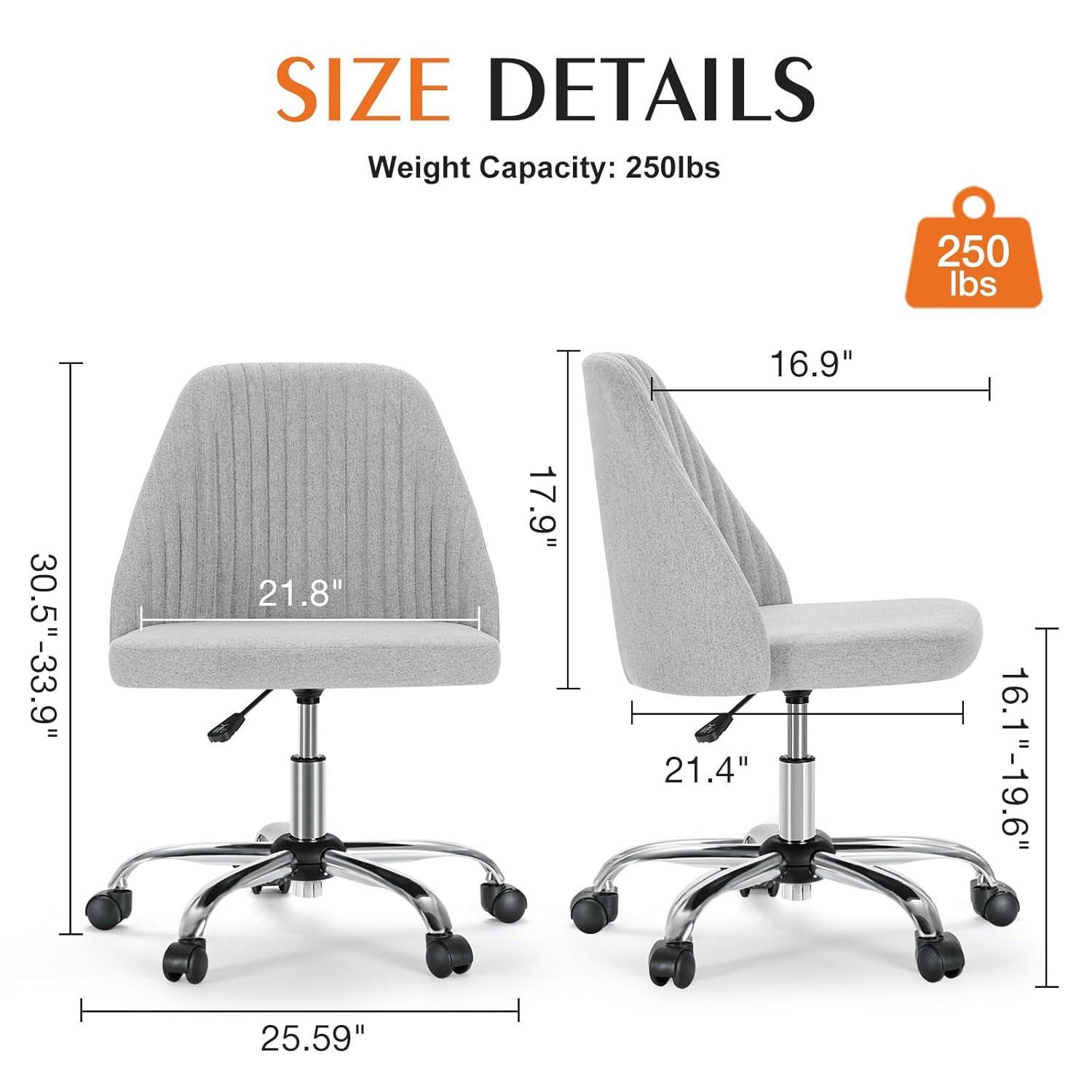Sweetcrispy Armless Office Chair, Modern Fabric Home Office Desk Chairs with Wheels Adjustable Swivel Task Computer Vanity Seat for Small Spaces