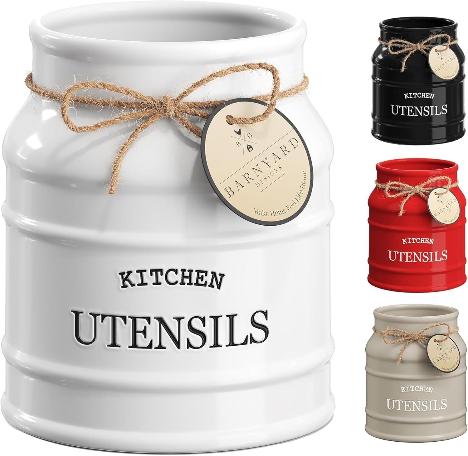 Anadea Ceramic Farmhouse Utensil Holder for Kitchen Counter, Large Rustic Utensil Crock