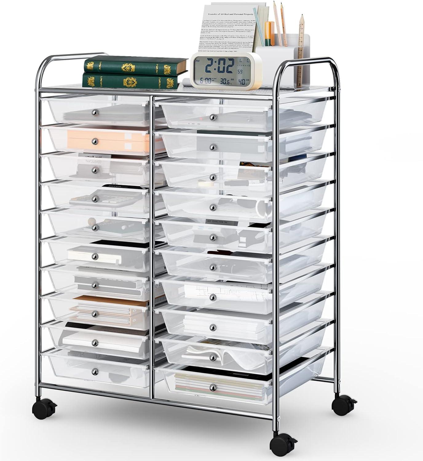 20-Drawer Organizer Cart Office School Storage Cart Rolling Drawer Clear