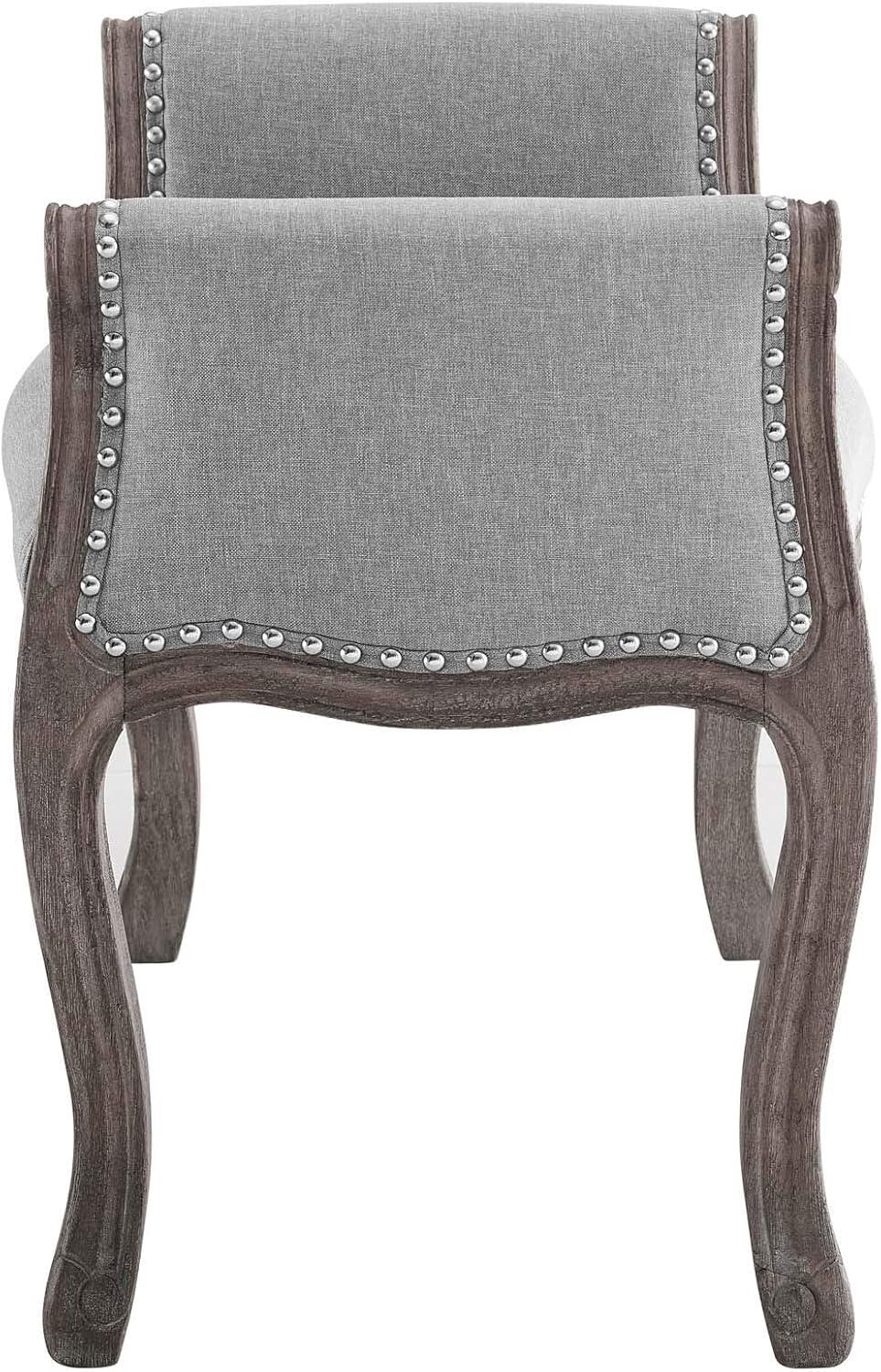 Light Gray French Upholstered Bench with Weathered Wood Legs