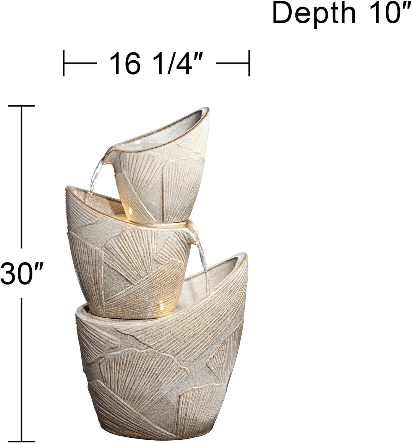 Ivory Trio Urn LED Cascading Rustic Outdoor Fountain