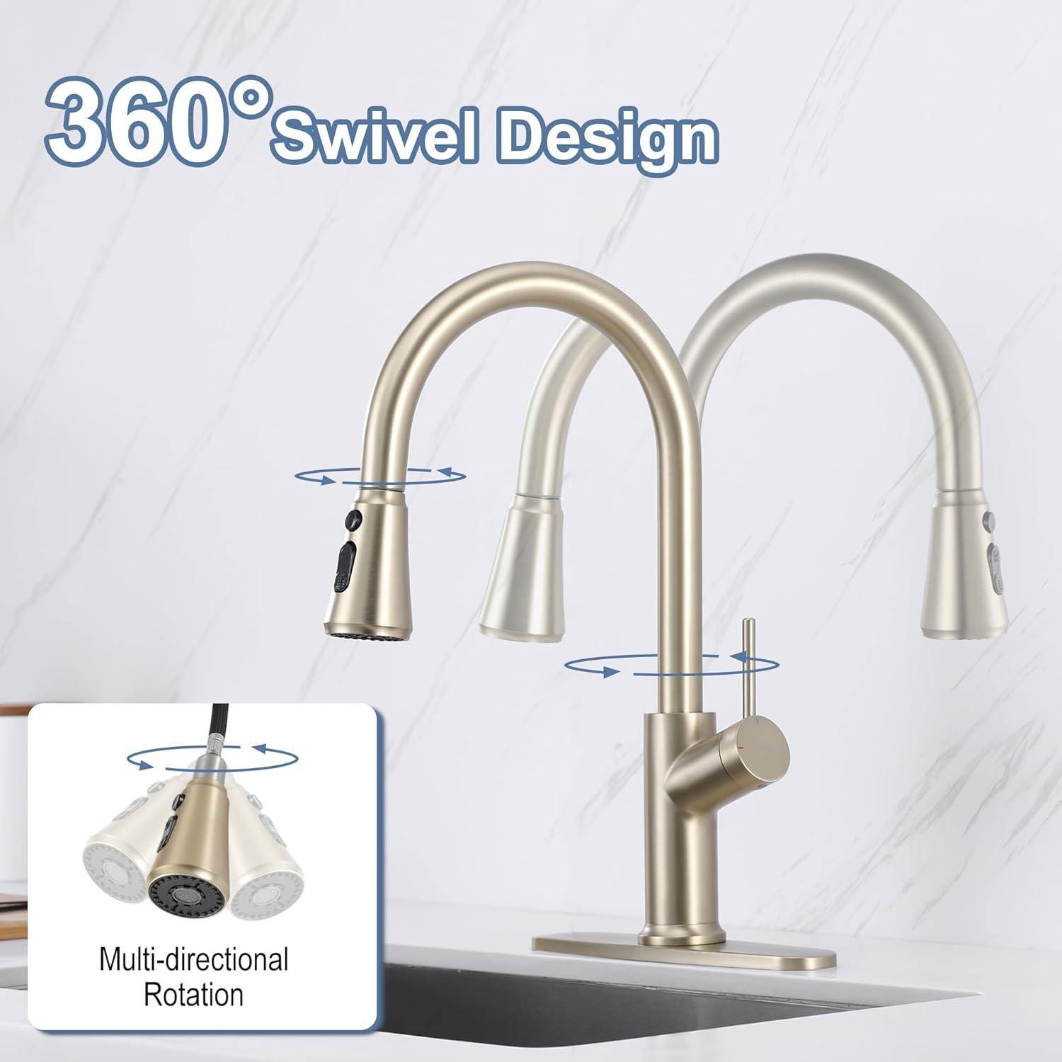 1pc High-Arc Kitchen Faucet with Pull-Down Spray - Single Handle Commercial Stainless Steel Brushed Nickel Kitchen Sink Faucet with Deck - Suitable for Bar, Laundry, RV, Farmhouse