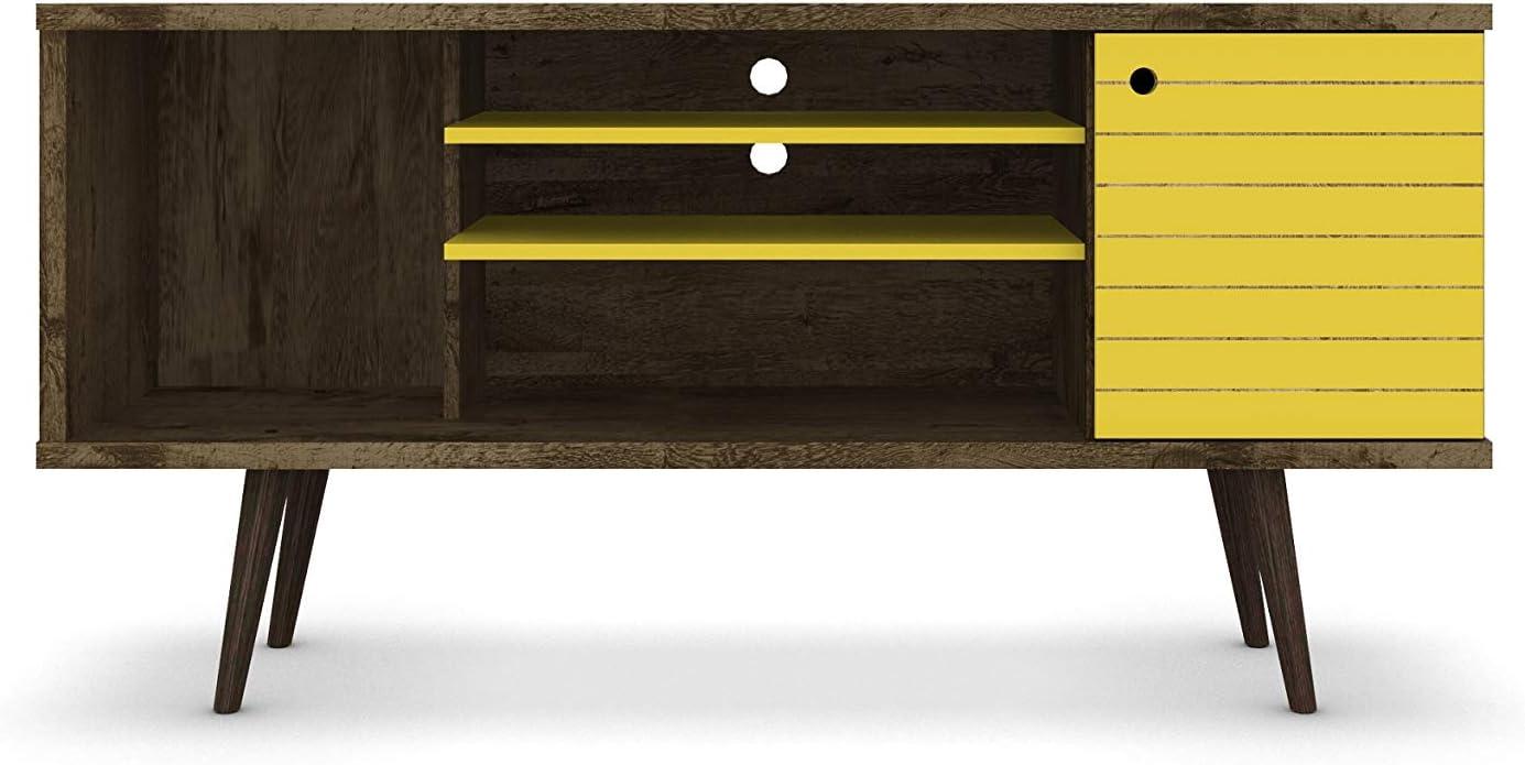 Liberty 53.14" Mid Century - Modern TV Stand with 5 Shelves & 1 Door with Solid Wood Legs, Brown, Yellow