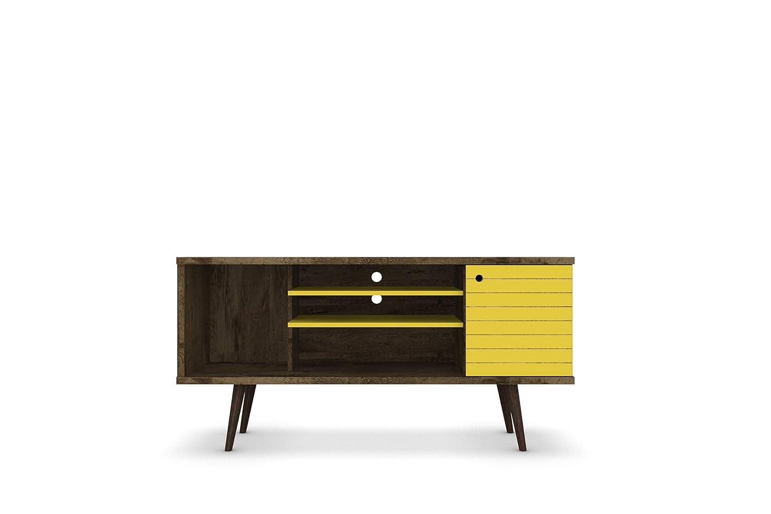 Liberty 53.14" Mid Century - Modern TV Stand with 5 Shelves & 1 Door with Solid Wood Legs, Brown, Yellow