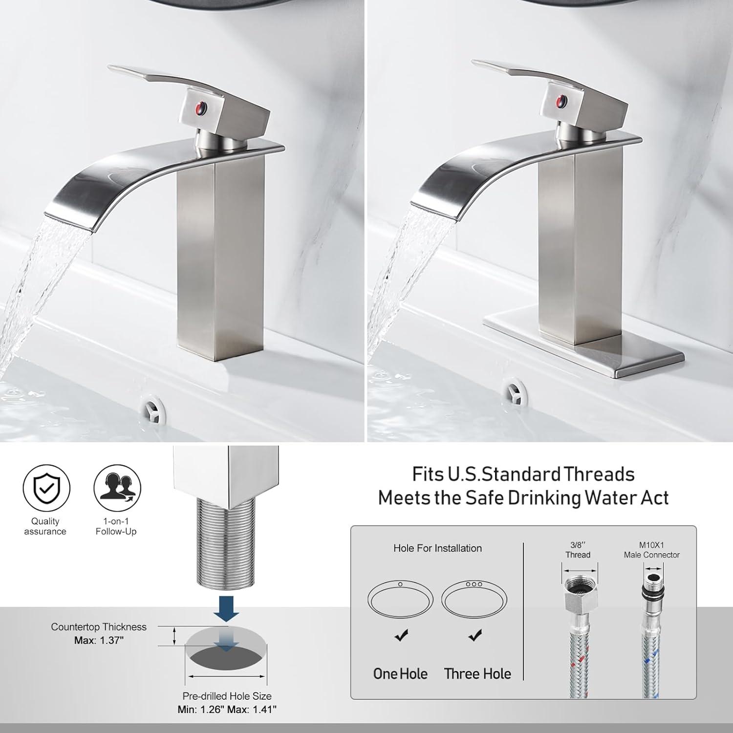 Waterfall Single Handle Bathroom Vanity Sink Faucet with Metal Pop-up Drain, Brushed Nickel Finish