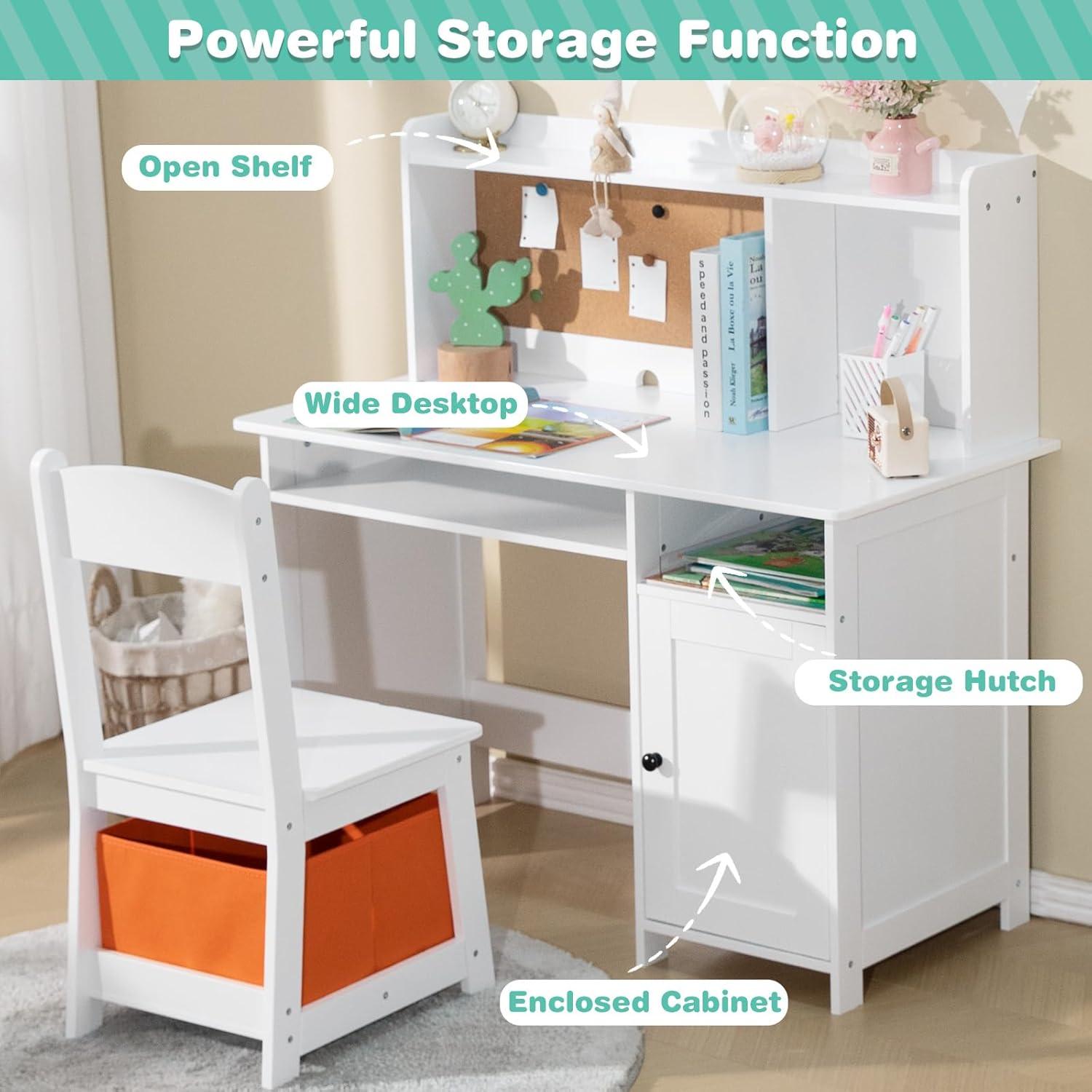 Soonbuy Kids Desk, Wooden Study Desk and Chair Set for Children, Writing Desk with Storage for 3-8 Yrs Boys Girls,White