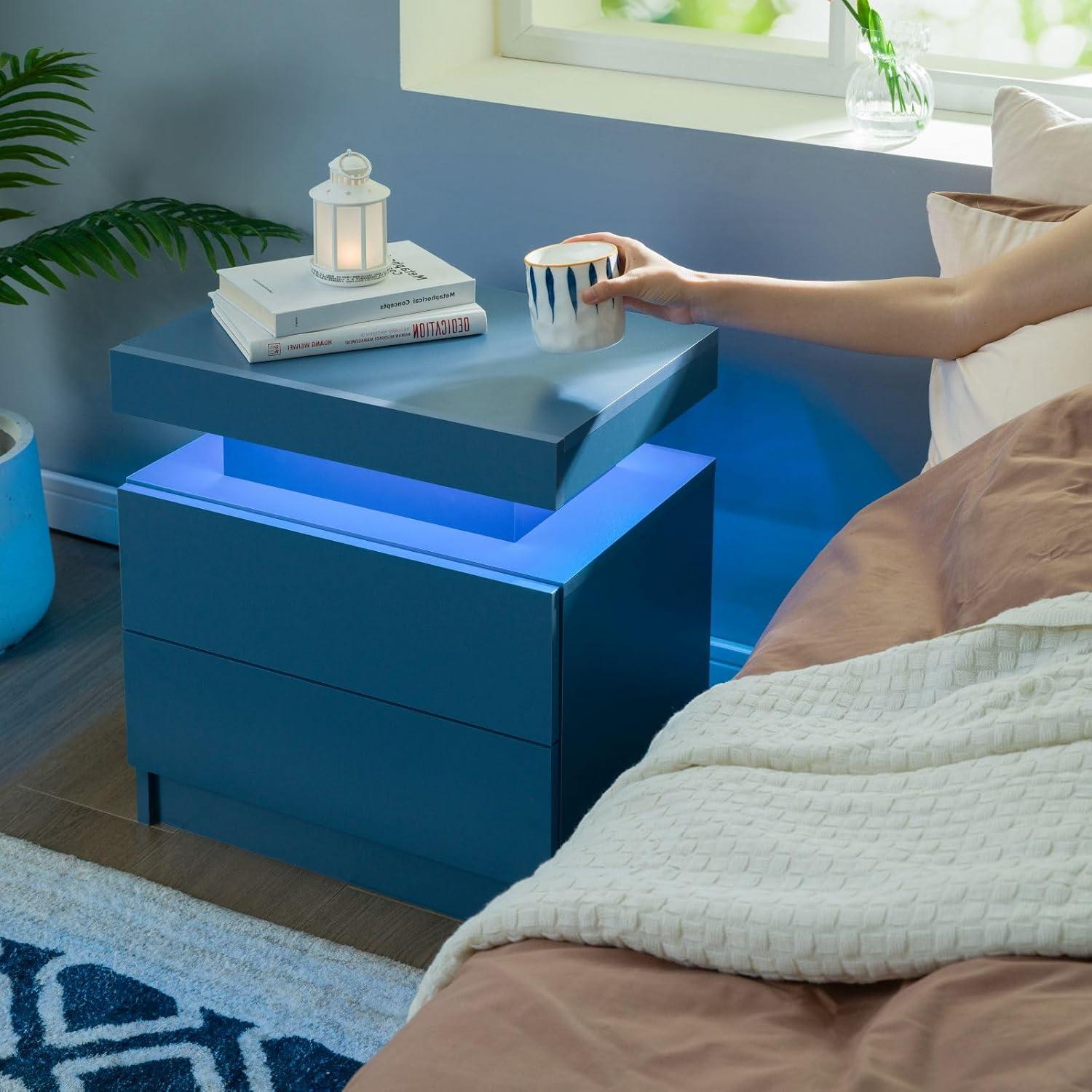 Blue Particle Board Nightstands with LED Lights and 2 Drawers