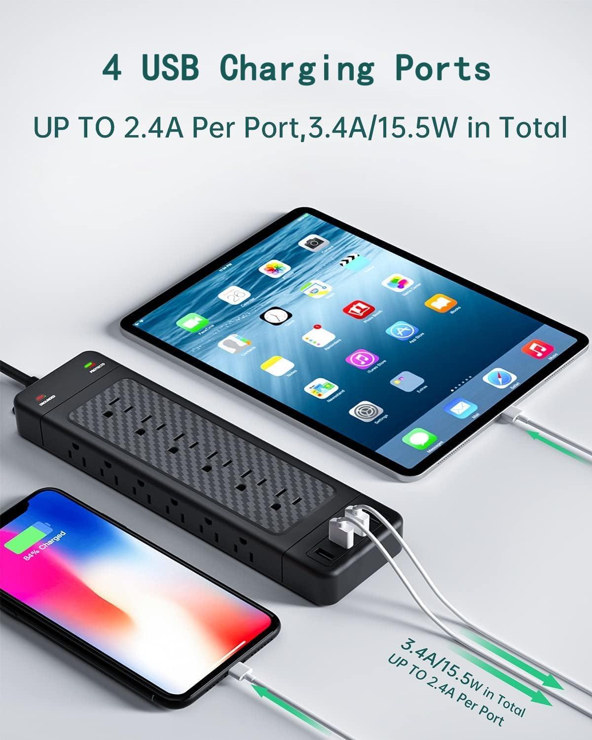 Surge Protector Power Strip 10 ft Cord Heavy Duty High Joules Surge Protection (4800J),18AC,4 USB Ports (2A+2C PD20W Total 37W),1875W 15A,for Commercial,Industrial,Office,Home,College,Black