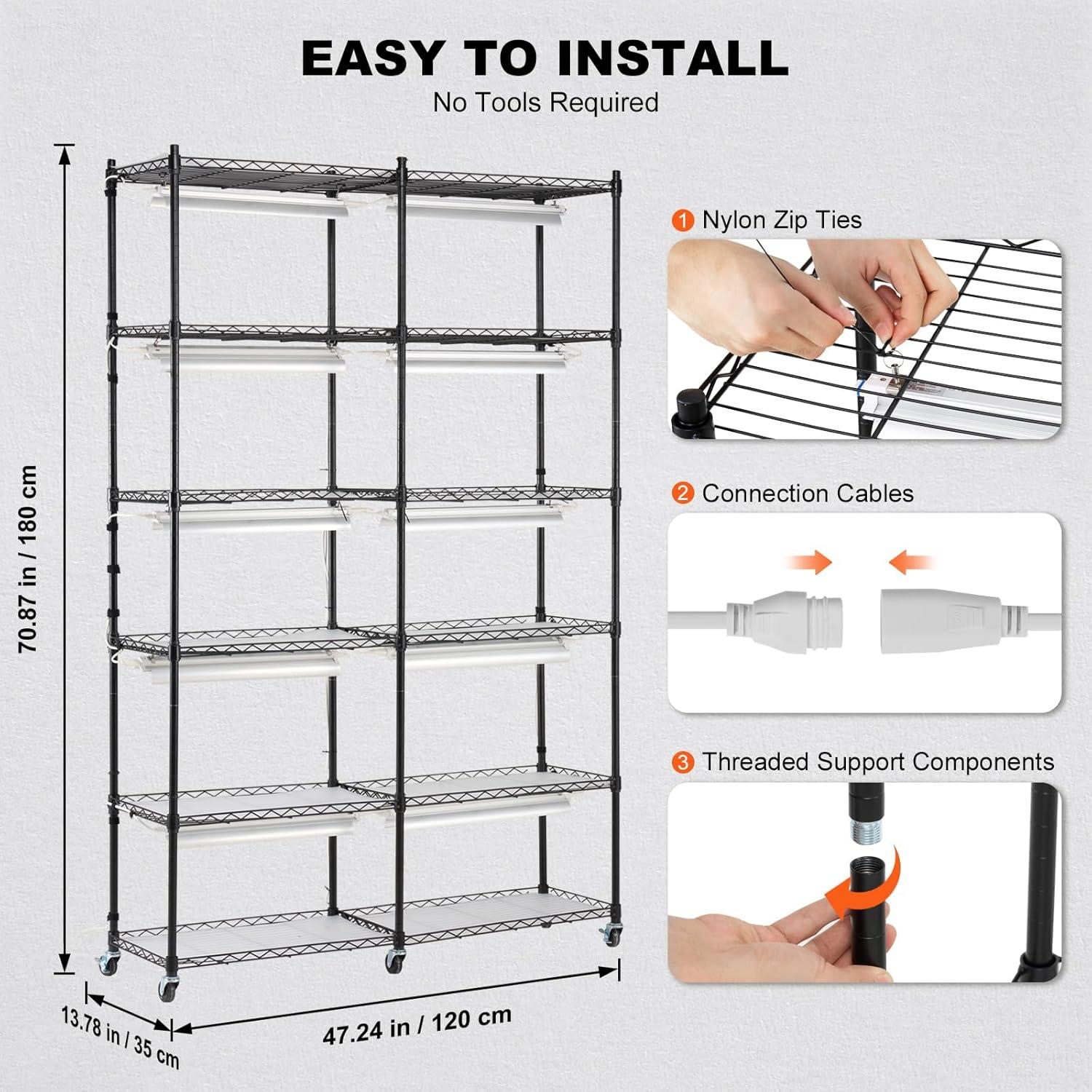 VEVOR Black Steel 6-Tier Plant Stand with Grow Light and Timer