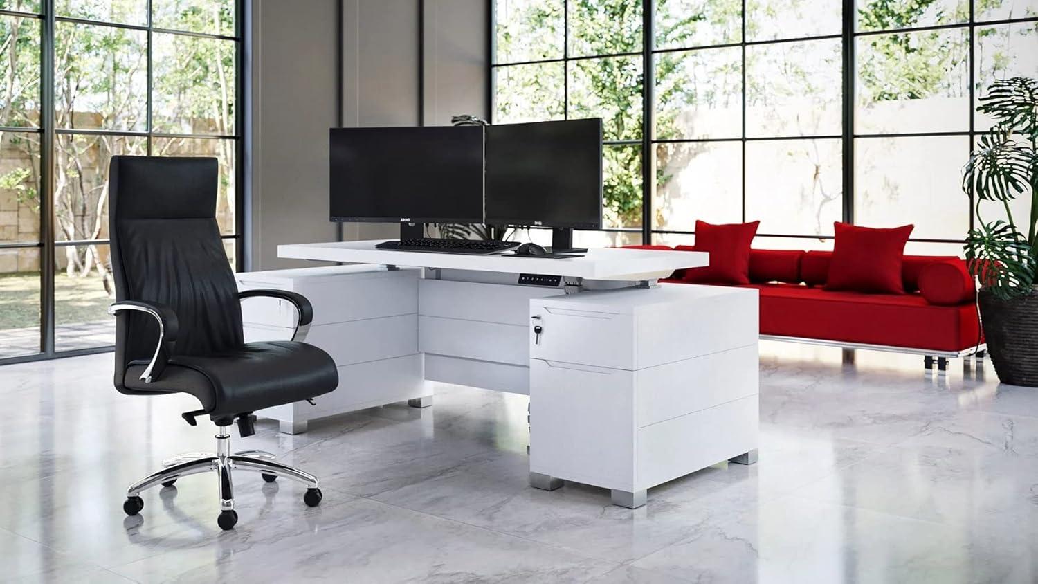 White Adjustable Height Desk with Filing Cabinets and Drawers