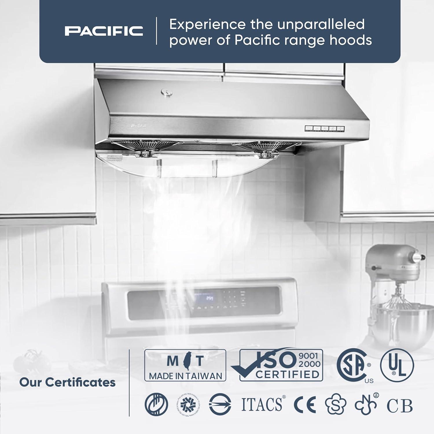 Pacific Kitchen Vent Hood AC3036BS – 36 Inch Under Cabinet Range Hood – Filterless Modern Stainless Steel Hood Vent with 900 CFM Suction, Dual Fans, LED Touch Controls and Auto-Clean Function