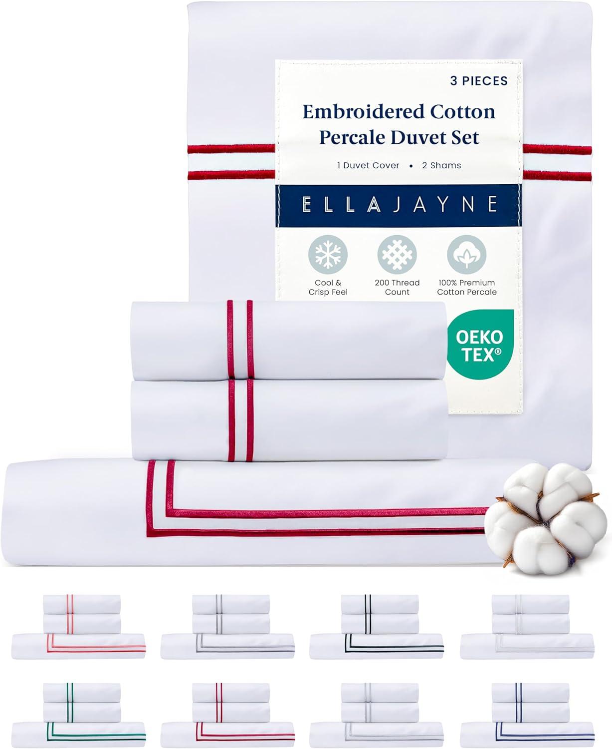 Ella Jayne 100% Cotton Percale 3 Piece Duvet Set, Full/Queen, White with Garnet Red Satin Stitching