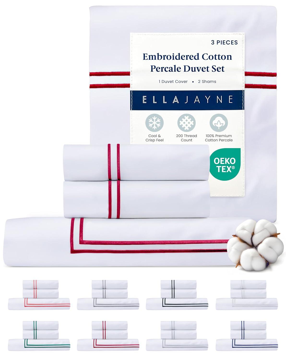 Ella Jayne 100% Cotton Percale 3 Piece Duvet Set, Full/Queen, White with Garnet Red Satin Stitching