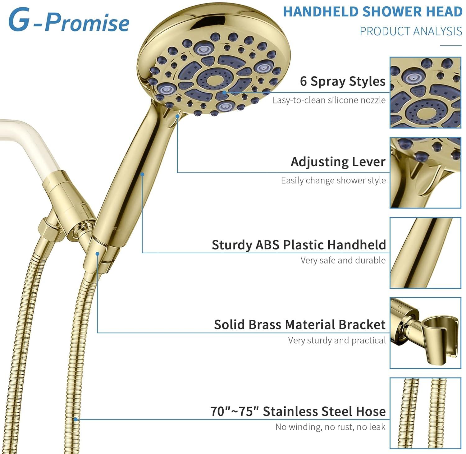 G-Promise Handheld Shower Head High Pressure 6 Spray Settings, Detachable Hand Held Showerhead 4.9 Inch Face with Extra Long Flexible Hose and Metal Adjustable Bracket