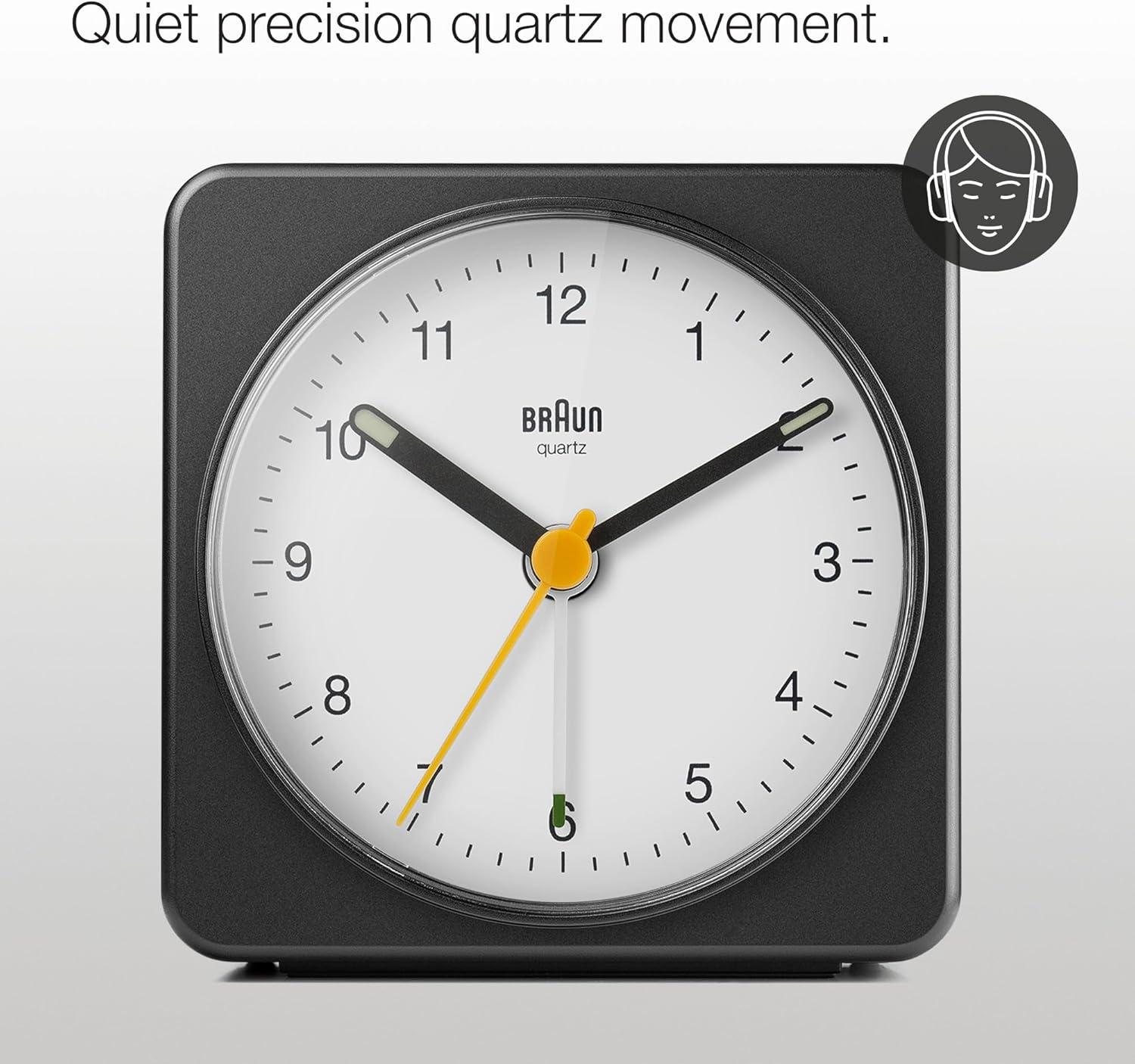 Braun Classic Analogue Alarm Clock with Snooze and Light, Quiet Quartz Sweeping Movement, Crescendo Beep Alarm in Black and White, Model BC03BW.