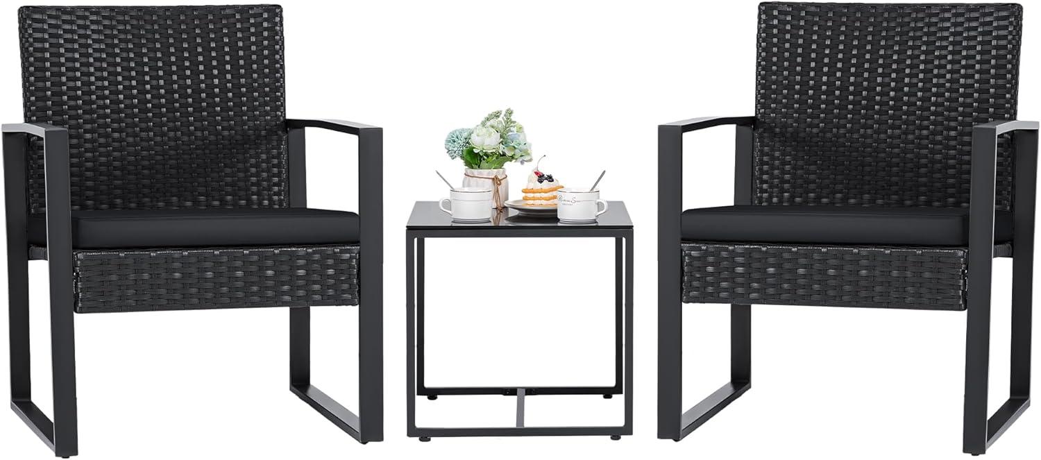 Homall 3-Piece Casual Bistro Set with Wicker Chairs and Coffee Table for Patio Furniture, Black