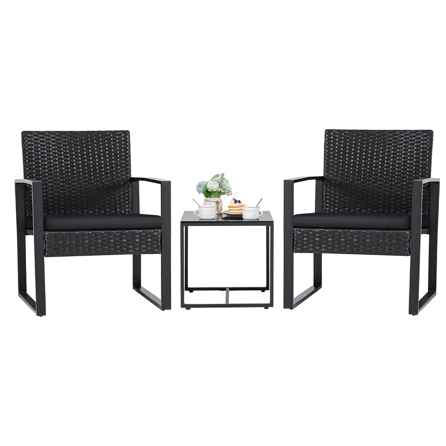 Black Steel and Wicker 3-Piece Patio Bistro Set with Beige Cushions