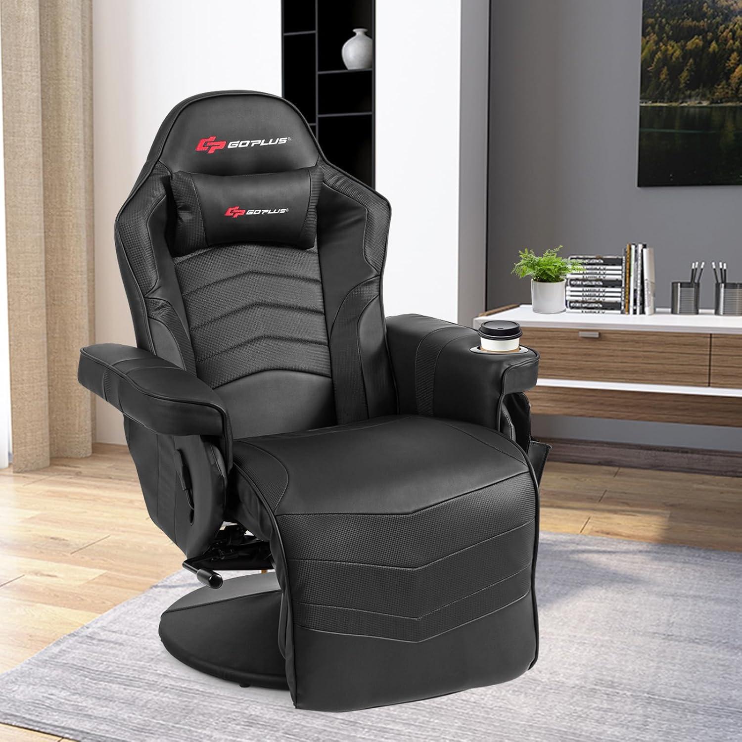 POWERSTONE Gaming Recliner Massage Gaming Chair with Footrest Ergonomic PU Leather Single Sofa with Cup Holder Headrest and Side Pouch, Adjustable Living Room Chair Seating, Black