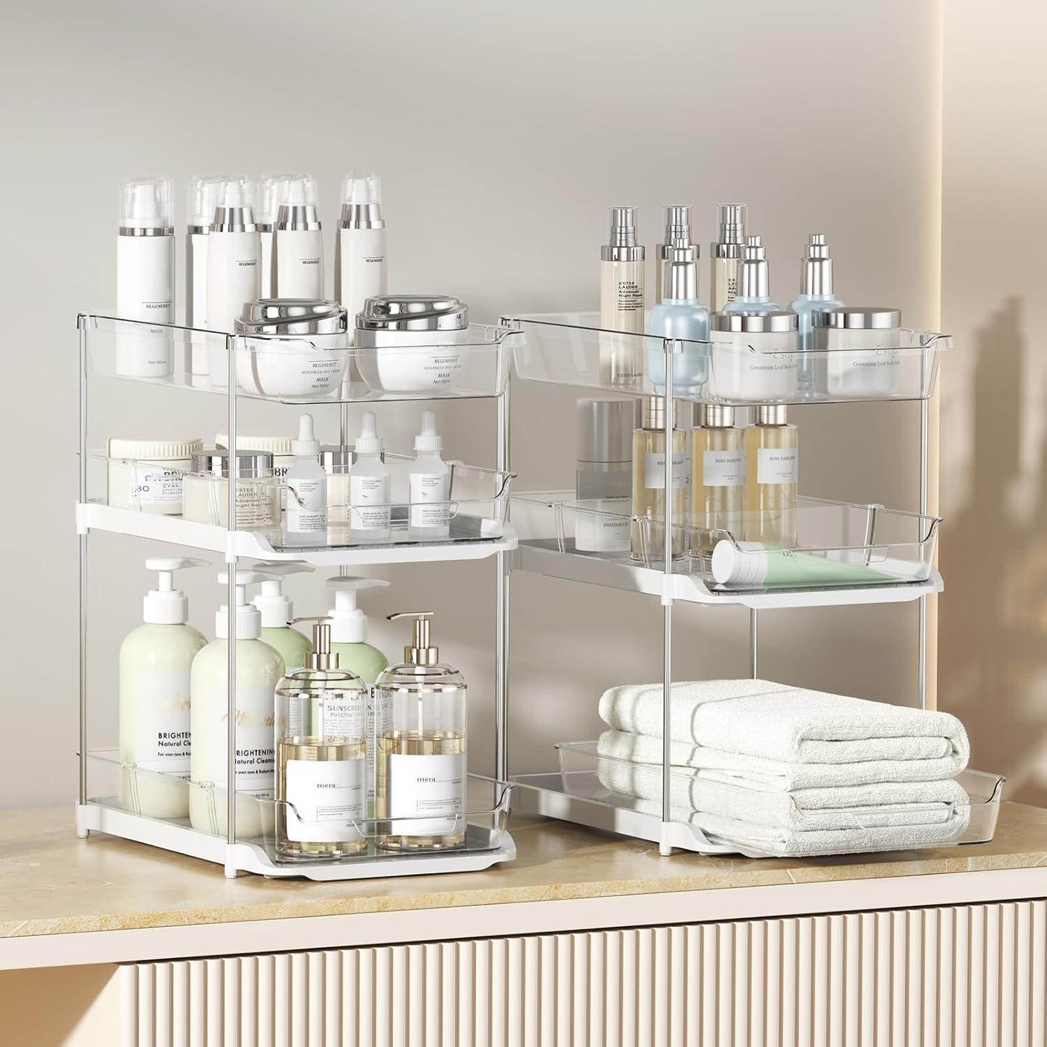 THE GLAMOUR BOUTIQUES 2 Sets Of 2-Tier Clear Under Sink Organizers And Storage, Multi-Purpose Stackable Bathroom Cabinet Organizers, Pull Out Kitchen Pantry Organization And Storage With Dividers