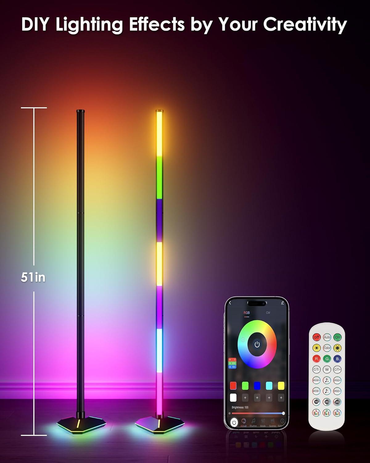 Black Adjustable RGB LED Corner Floor Lamp with Music Sync