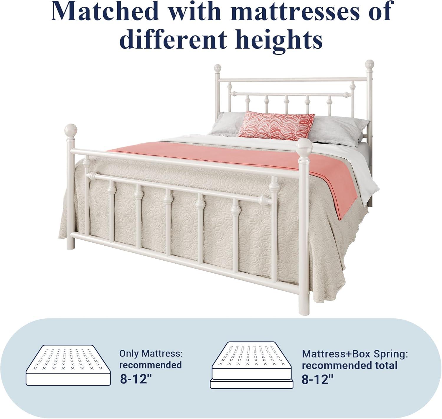 Allewie 14 Inch Queen Size Metal Platform Bed Frame with Victorian Vintage Headboard and Footboard/Mattress Foundation/Under Bed Storage/No Box Spring Needed/Easy Assembly/Noise Free/White