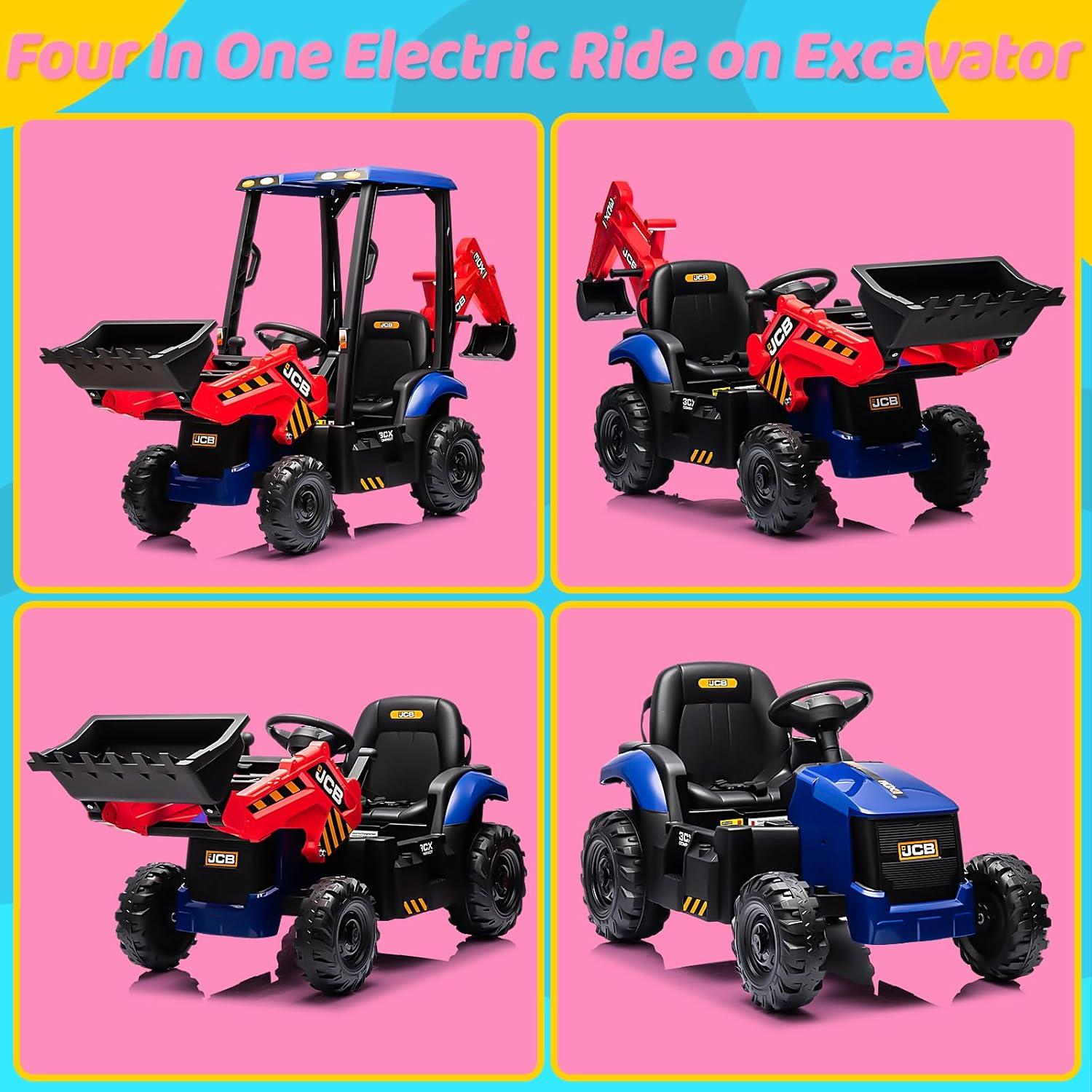 EastVita 12V Ride on Toys Tractor, Kids Ride on Car Toy Excavator Bulldozer, 12V Digger w/Trailer, Shovel Bucket, Digger, Remote Control, EVA Tires, LED Lights, Music, USB